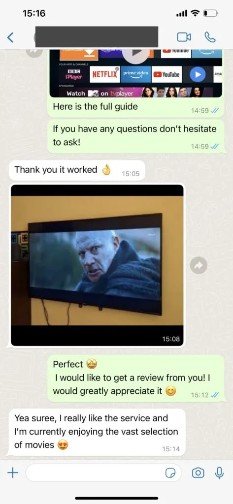 Beispiel einer WhatsApp Unterhaltung zum IPTV Support 1